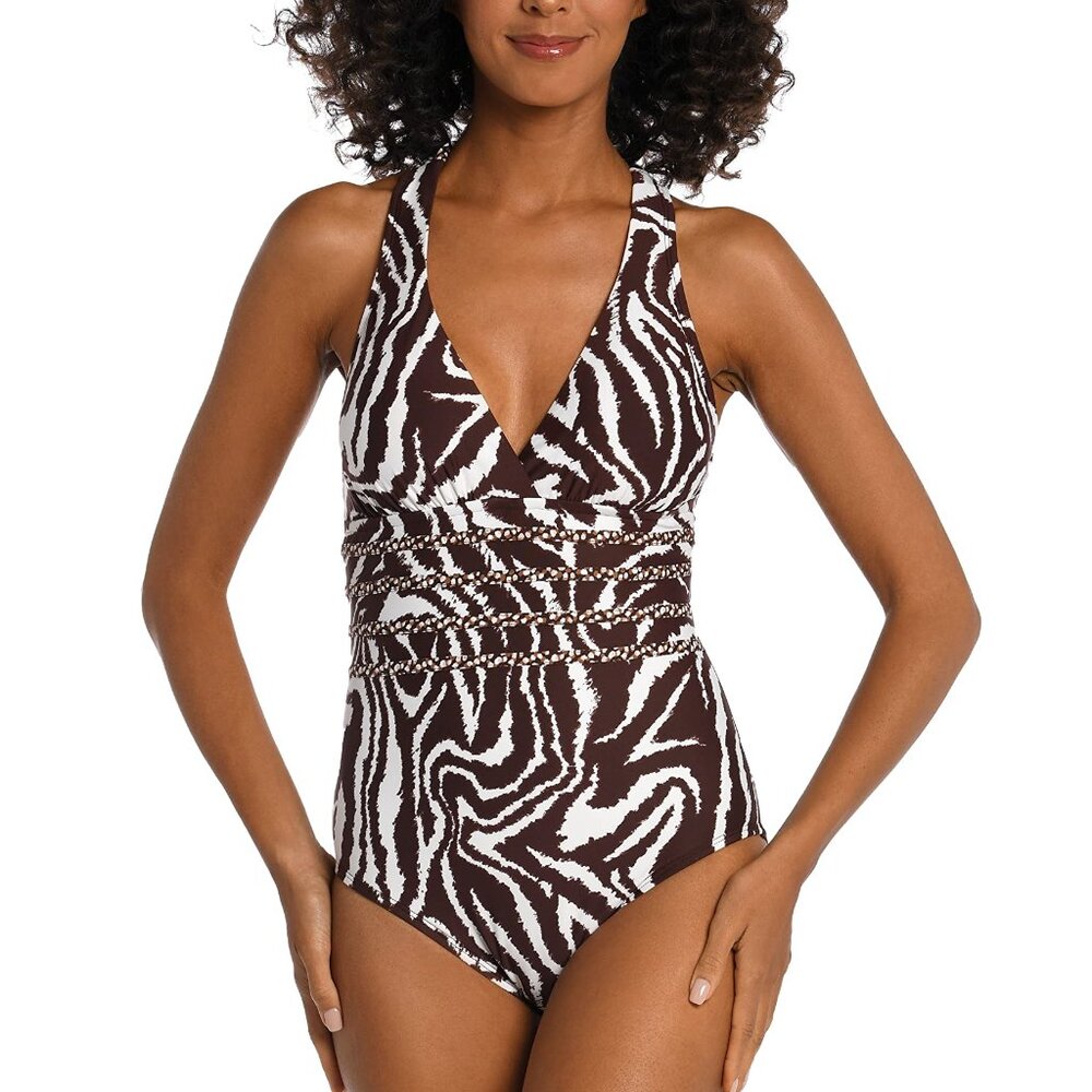 NWT La Blanca Women's Multi Cross Back One Piece Swimsuit, Java/Fierce SZ 10